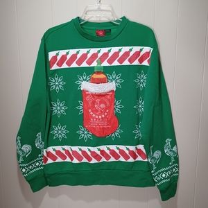 Ugly Christmas Holiday Sweater Green Sriracha Hot Sauce Stocking Crewneck